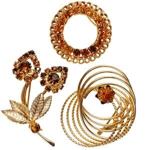 VTG Mid Century Lot of 3 Brooches Amber Smoky Rhinestone Floral Circle Swirl 60s